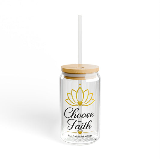 Choose Faith 16oz Glass Sipper with Bamboo Lid & Straw — Inspirational Lotus Design
